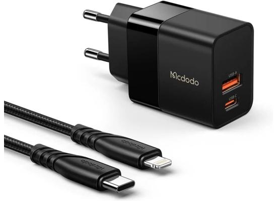 Mcdodo CH-1952 USB + USB-C wall charger, 20W + USB-C to Lightning cable (black)